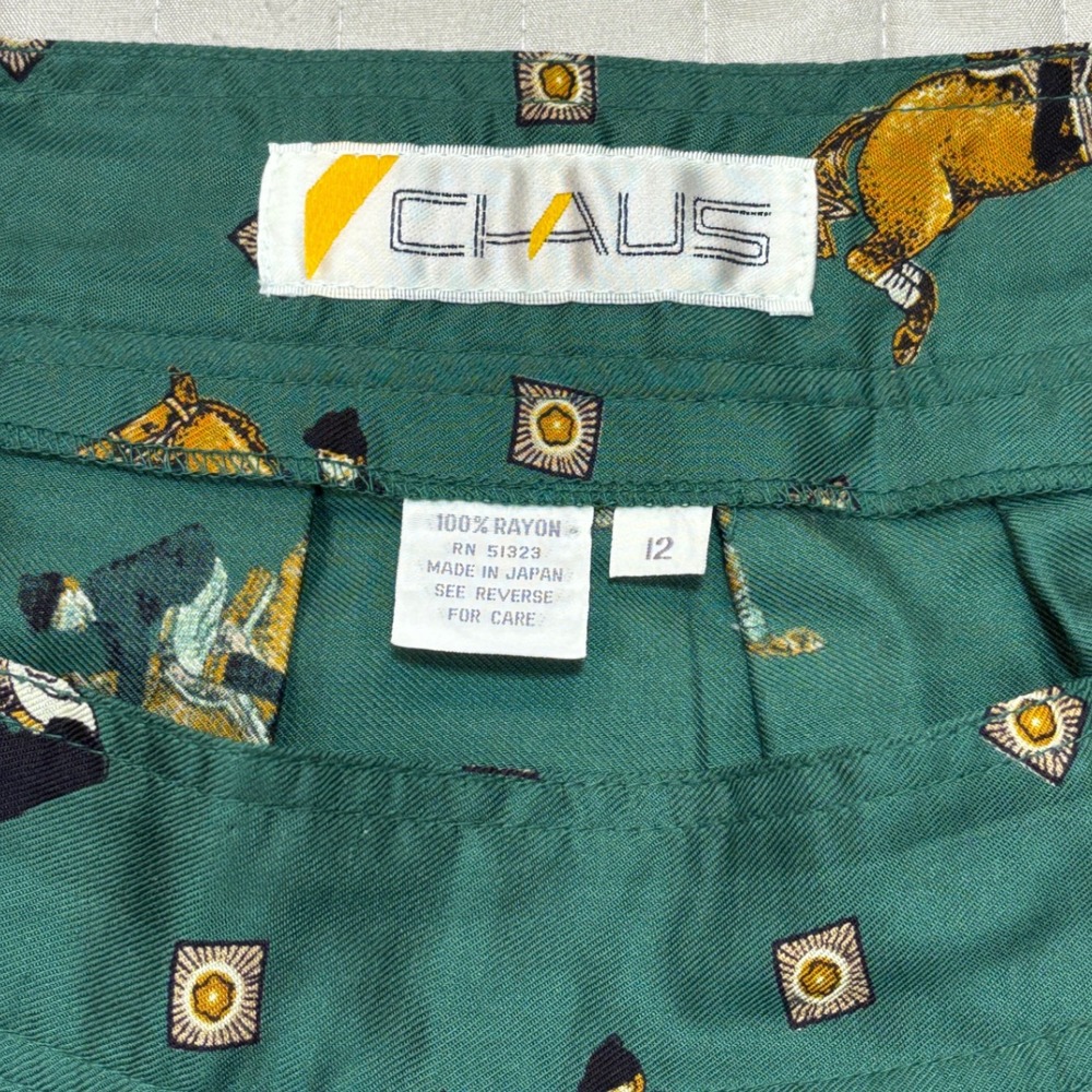 VTG 90s Chaus Green Equestrian Horse Print Pleated Midi Skirt Made in Japan EUC - Picture 2 of 10